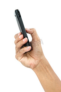 手点击手机摄影照片_男性手触摸与剪裁 p 隔离的移动智能手机