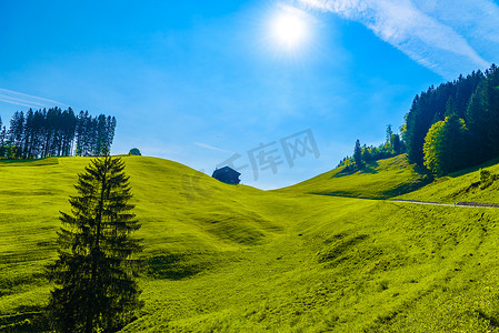 蓝天绿地背景摄影照片_蓝天绿地，Schoenengrund，腹地，阿彭策尔