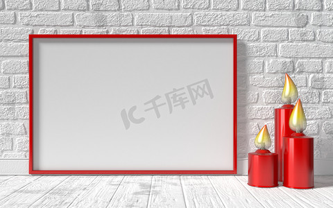 白色砖墙上的空白画框和红色烛台。