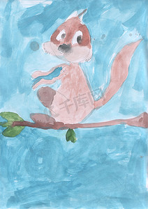 儿童画——松鼠坐在树枝上