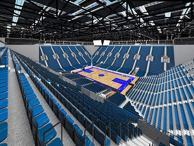 美丽的现代篮球运动场，配有蓝色座椅和贵宾包厢