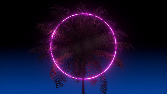 3D 蒸汽波渲染背景与霓虹灯圈、棕榈树和夜蓝天。 