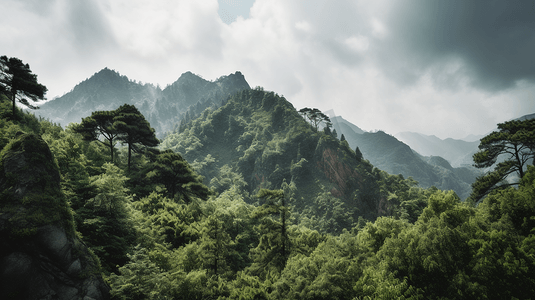 白天白云下的绿树和山