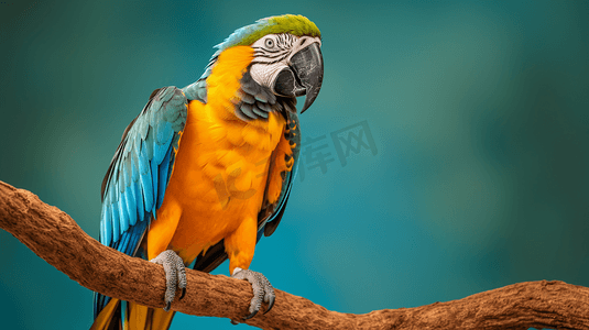 icon金刚区摄影照片_栖息在树枝上的黄色和蓝色金刚鹦鹉