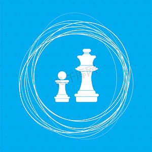 蓝色背景上的国际象棋图标，周围有抽象圆圈，并为您的文本放置。