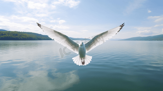 白天在水面上飞行的白色小鸟