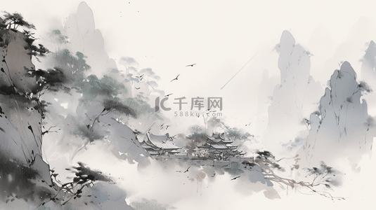 插画海报背景图片_中国水墨画山水风景水墨山水插画海报背景