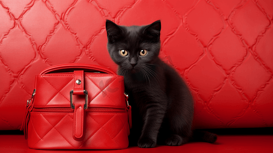 红色皮包里的黑猫