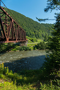山区河流上的一座铁路桥，背景是长满绿色森林的斜坡和上面无云的蓝色天空。