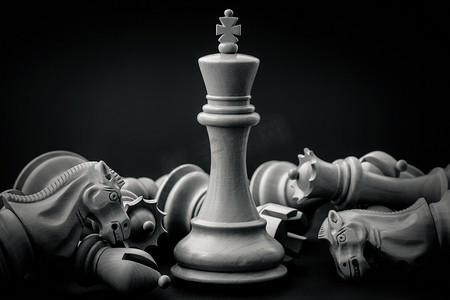 黑色和白色国王和国际象棋骑士设置在黑暗的背景