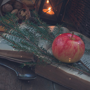 圣诞树树枝上的红黄苹果，黑灯笼或烛台旁的一本旧书