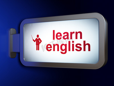 英语海报摄影照片_学习理念：在广告牌背景下学习英语和老师