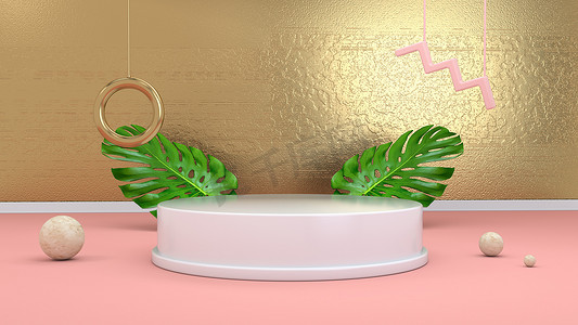 孟菲斯背景装饰摄影照片_3d 渲染抽象背景与讲台、球体、金色元素和棕榈叶在最小的粉红色孟菲斯设计风格。