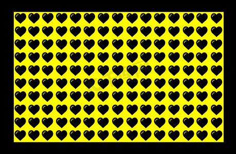 黄色背景上的黑色心形与黑色边框。