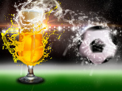 广告背景金色摄影照片_啤酒飞溅在体育场背景上。