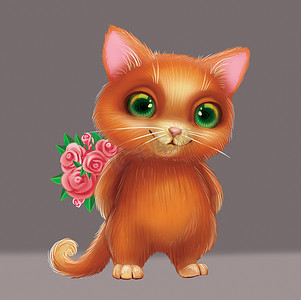 可爱的微笑毛茸茸的小猫呈现爱花-手绘卡通人物