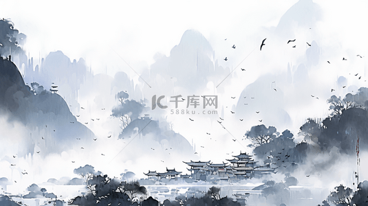 中国传统插画背景图片_中国水墨画山水风景水墨山水插画海报背景