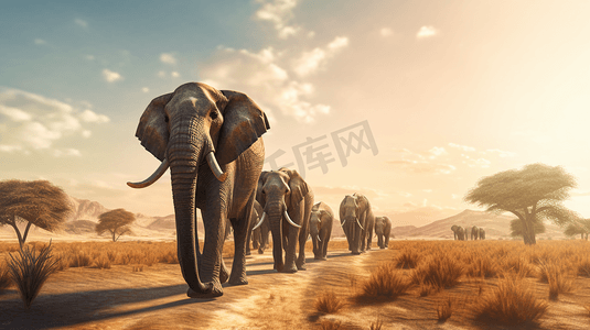 走在沙漠中的大象