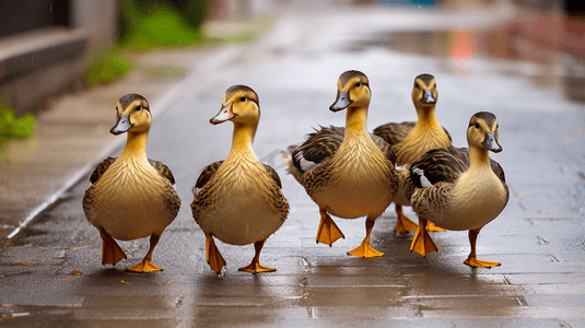 一群鸭子走在人行道上