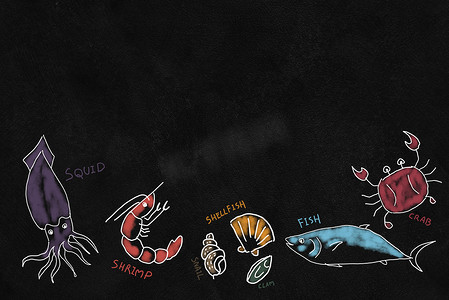 海鲜素描摄影照片_黑板上的海鲜菜单素描
