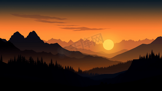 日落时分群山的轮廓