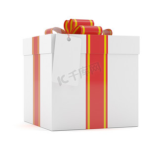 生日邀请函红色摄影照片_有红色丝带弓和标签的礼物盒