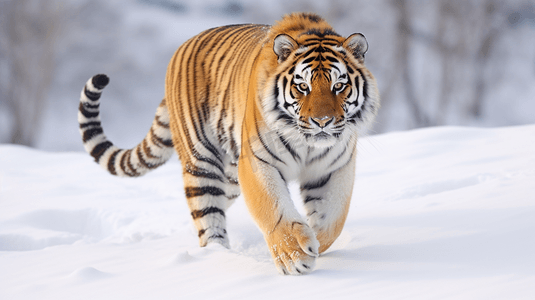 戴王冠的老虎摄影照片_走在雪面上的老虎