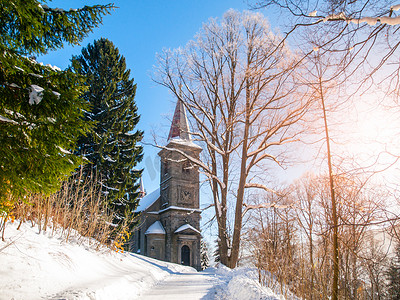 阳光明媚的冬日，捷克共和国坦瓦尔德的圣彼得和保罗石教堂