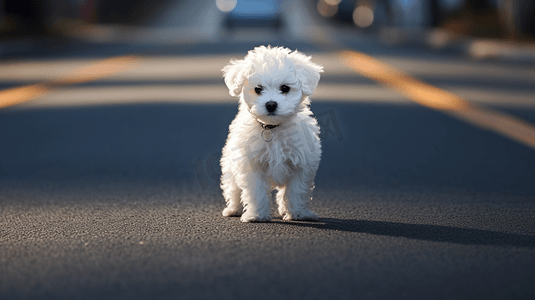 白天黑色柏油路上的白色贵宾犬