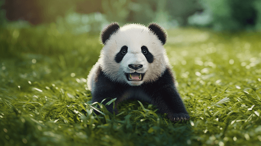 模版黑白摄影照片_白天绿色草地上的黑白相间的熊猫