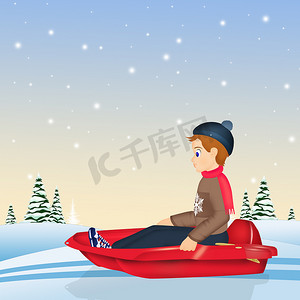 冬天雪橇上的孩子插画