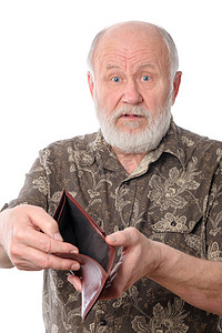 老人展示空钱包，隔离在白色