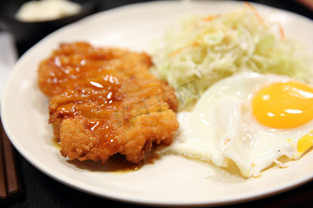 日式面包摄影照片_日式炸猪肉配鸡蛋和酱汁