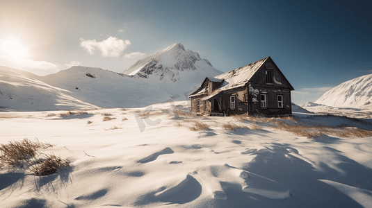 白天，白雪覆盖的山上的棕色房子