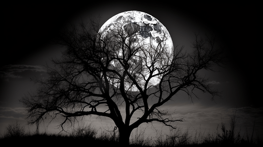 带月亮的黑白树枝