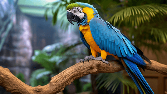 黄色动物摄影照片_栖息在树枝上的黄色和蓝色金刚鹦鹉