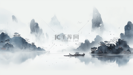 中国水墨画山水风景水墨山水插画海报背景