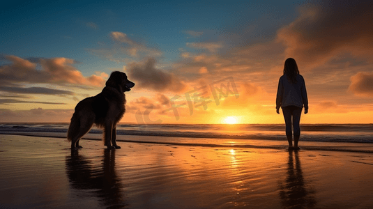 日落时分站在海边狗狗身边的人的剪影