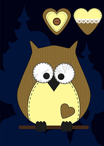 平面设计中的可爱卡通猫头鹰，用于贺卡、邀请函和带有织物质地的标志。