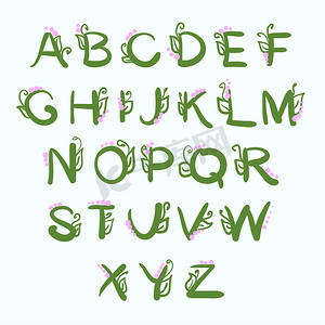 用花卉元素手绘的字母表中的字母。