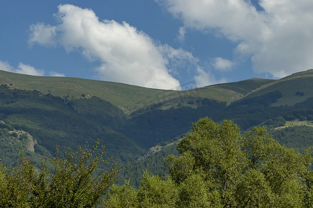雄伟的大山摄影照片_雄伟的山顶长满针叶林、山谷和草地，巴尔干中部山