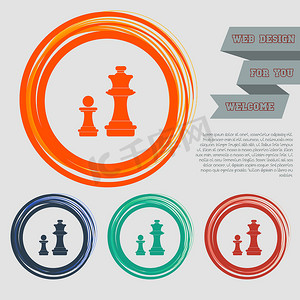 红色、蓝色、绿色、橙色按钮上的国际象棋图标为您的网站和带有空格文本的设计。