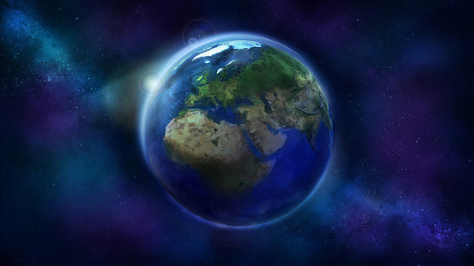 从太空看地球的一天一半，显示非洲、欧洲和亚洲。