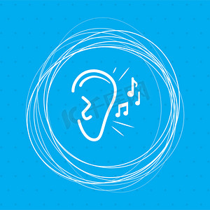 蓝色背景上的耳朵听声音信号图标，周围有抽象圆圈，并为您的文本放置。
