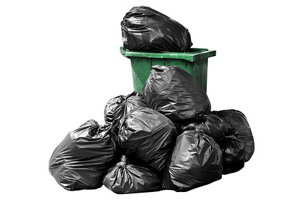 垃圾袋垃圾绿色，垃圾桶，垃圾，垃圾，垃圾，背景白色隔离的塑料袋堆，3R