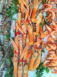 小摊位摄影照片_普罗旺斯市场的海鲜摊位以生虎虾和即食虾为特色