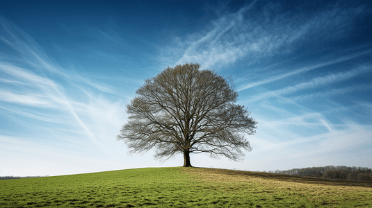 大树摄影照片_蓝天下绿草地上的大树