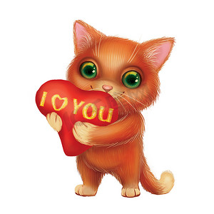 可爱的微笑小猫拿着心形标志我爱你的感情告白