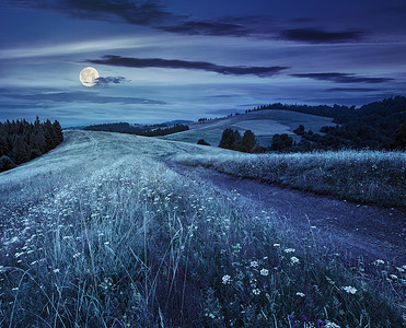夜间穿过山坡草地的路