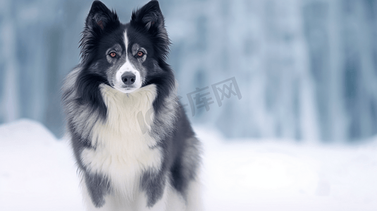 白黑相间摄影照片_白天白雪覆盖的地面上白黑相间的长毛狗